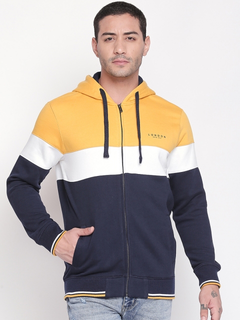 

BYFORD by Pantaloons Men Mustard Yellow & Navy Blue Colourblocked Hooded Sweatshirt