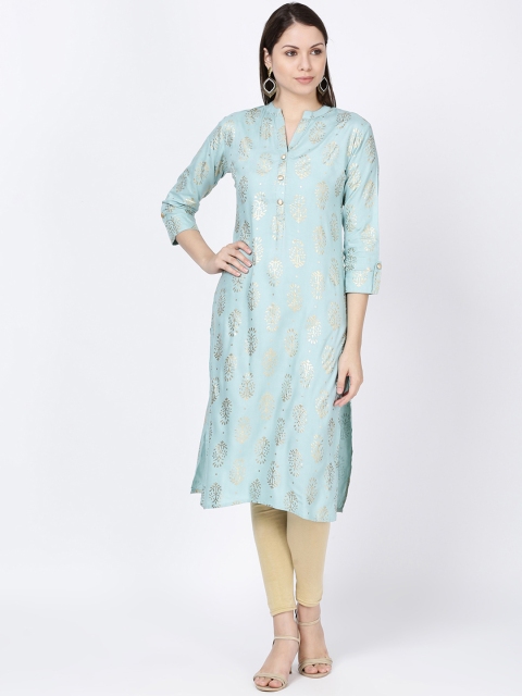 

Soch Women Blue & Gold-Toned Printed Straight Kurta