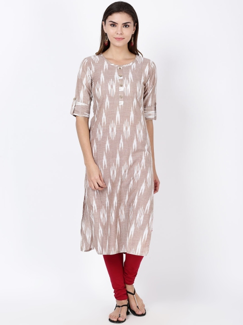

Soch Women Beige & White Ikkat Patterned Straight Kurta