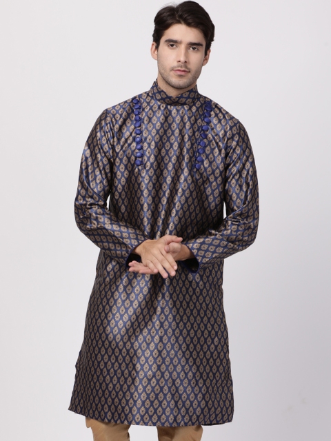 

VASTRAMAY Men Navy Blue & Beige Woven Design Straight Kurta