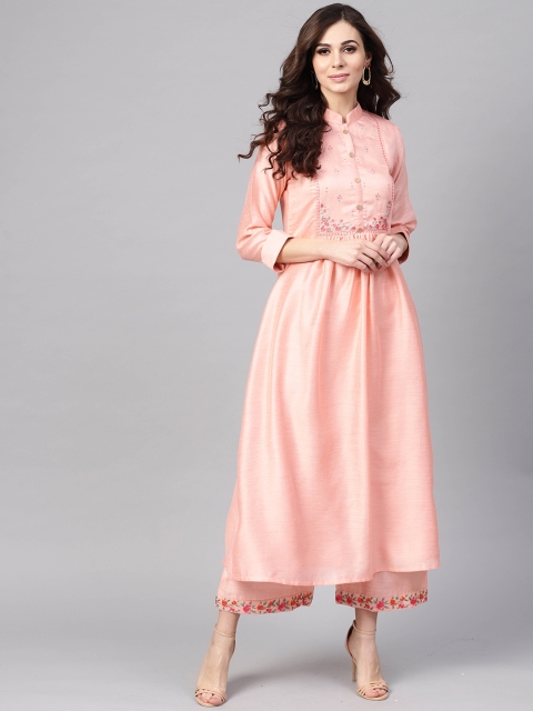 

Indo Era Women Peach-Coloured Embroidered A-Line Kurta