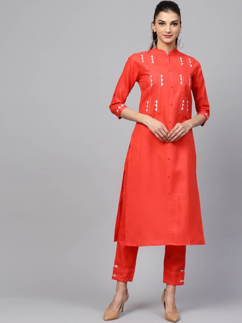 

Indo Era Women Coral Red Woven Design Straight Kurta