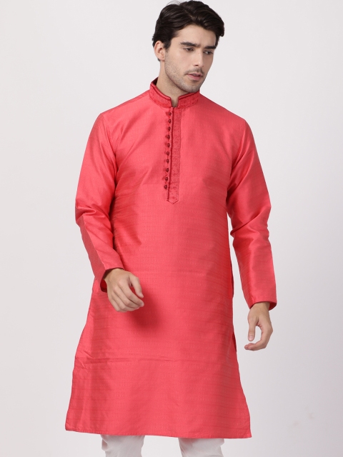 

VASTRAMAY Men Coral Pink Woven Design Straight Kurta