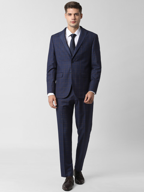 

Peter England Men Navy Blue & Brown Checked Single-Breasted Slim-Fit Formal Suit