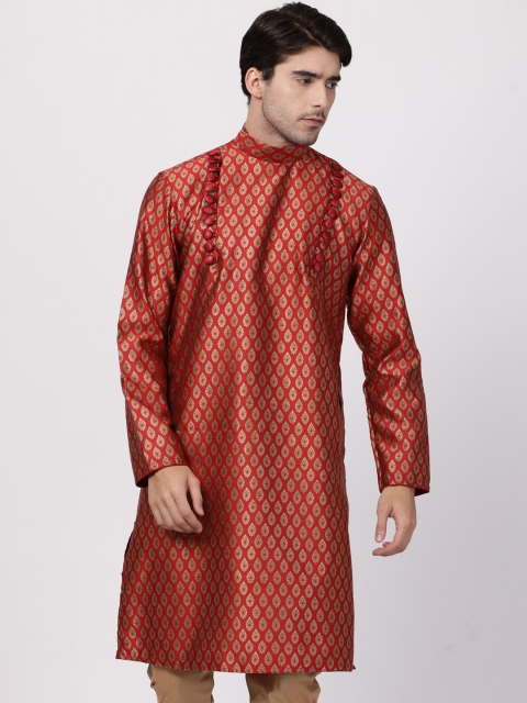 

VASTRAMAY Men Maroon & Beige Woven Design Straight Kurta