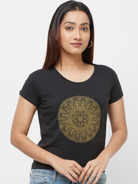 

Imagica Women Black & Yellow Printed Round Neck T-shirt