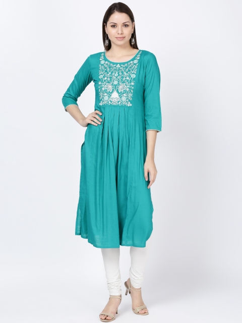 

Soch Women Turquoise Blue Embroidered A-Line Kurta