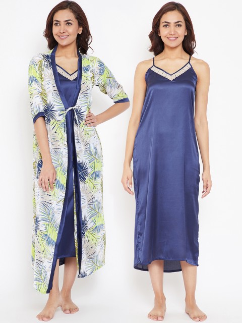 

Clovia Navy Blue & Green Printed Nightdress