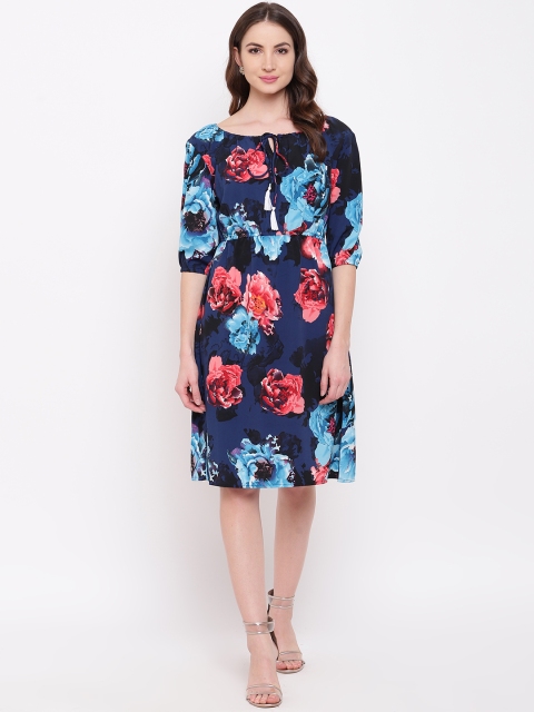 

Mayra Women Navy Blue Floral Printed Fit and Flare Dress