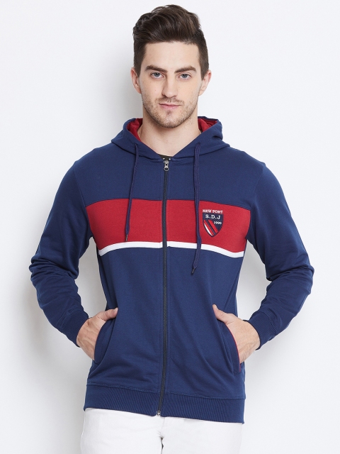 

Duke Men Blue & Red Colourblocked Hooded Sweatshirt