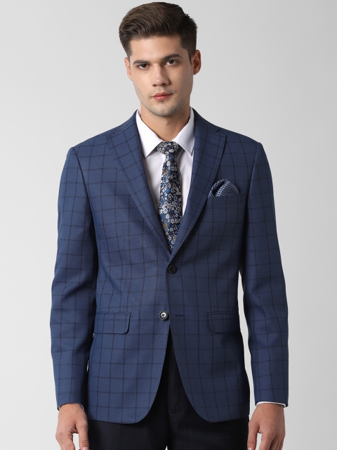 

Peter England Men Blue & Black Checked Single-Breasted Slim-Fit Blazers, Navy blue