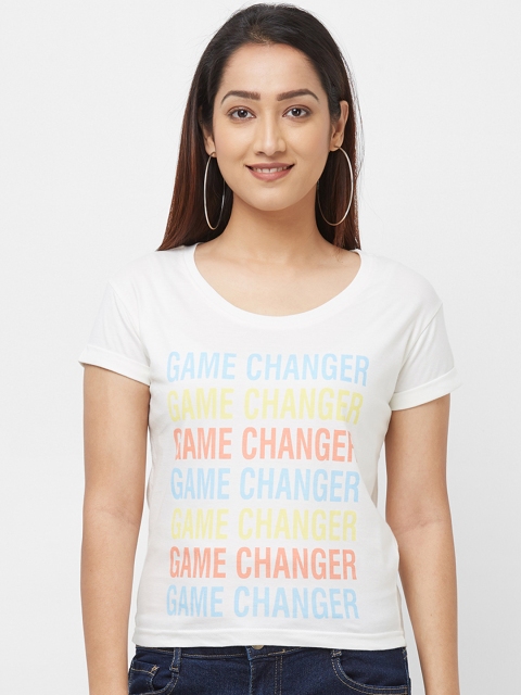 

Imagica Women Off-White & Pink Printed Round Neck T-shirt