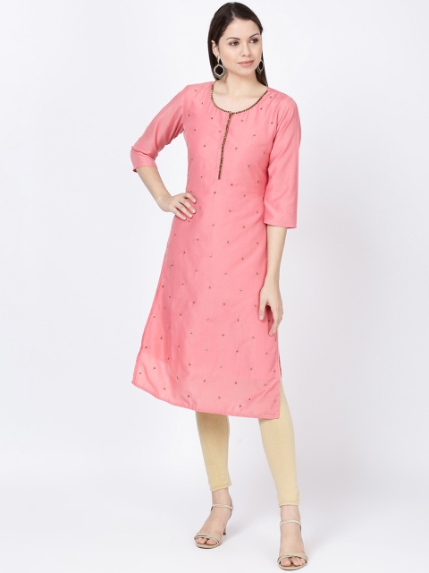 

Soch Women Peach-Coloured & Gold-Coloured Embellished Straight Kurta