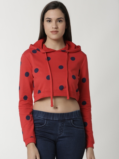 

De Moza Women Red & Navy Blue Printed Crop Hooded Sweatshirt