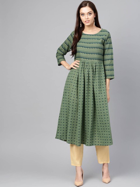 

Indo Era Women Olive Green & Gold-Toned Foil Printed A-Line Kurta