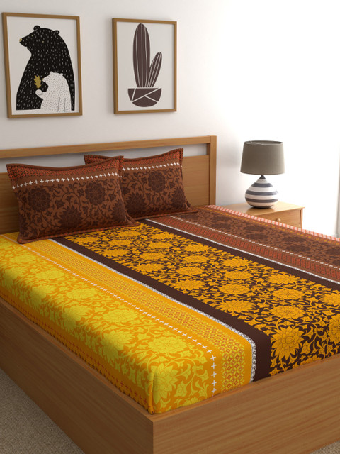 

Dreamscape Brown Mustard Floral 144 TC Cotton 1 Queen Bedsheet with 2 Pillow Covers