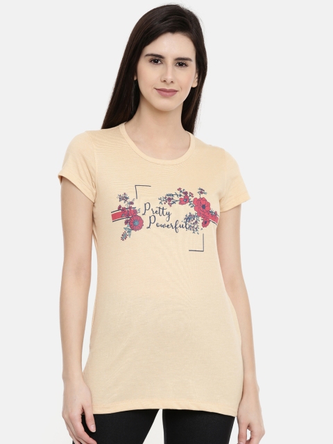 

Bitz Women Beige Printed Round Neck Longline T-shirt