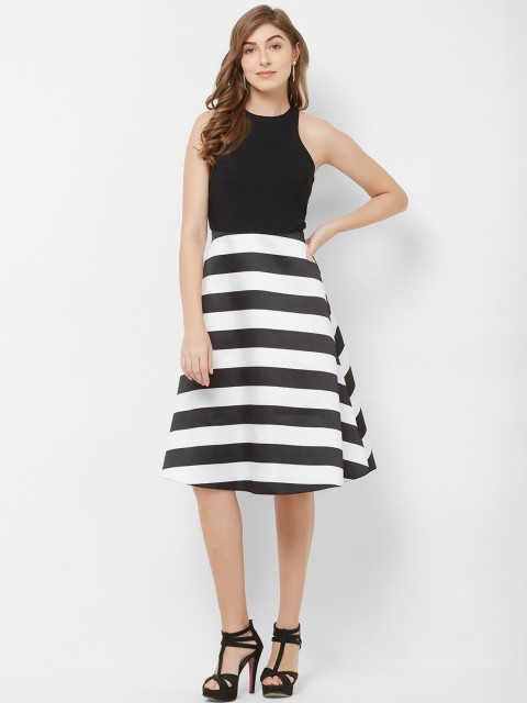 

bebe Women Black Striped Fit and Flare Dress