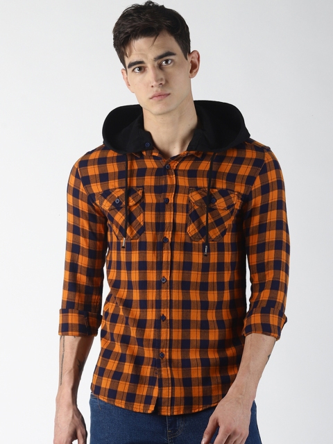 

Blue Saint Men Orange & Navy Blue Slim Fit Checked Casual Hooded Shirt