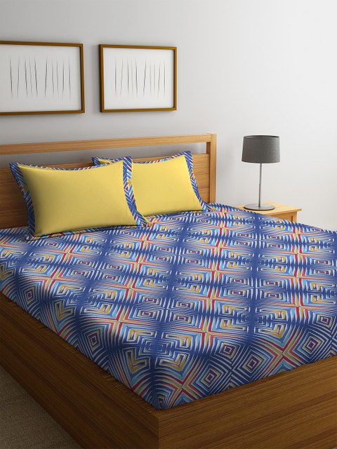 

BOMBAY DYEING Blue & Yellow Geometric 180 TC Cotton 1 King Bedsheet with 2 Pillow Covers