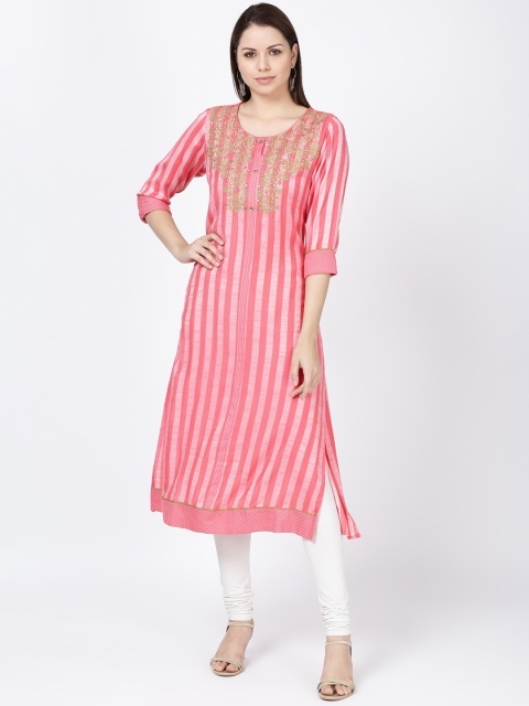 

Soch Women Pink Striped Embroidered Straight Kurta