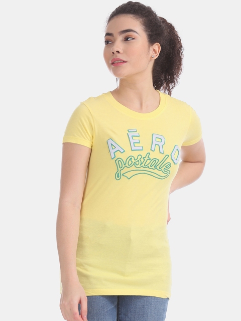 

Aeropostale Women Yellow Green Printed Round Neck Pure Cotton T-shirt