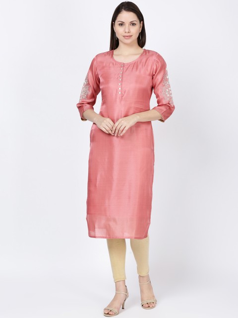 

Soch Women Peach-Coloured & Silver-Coloured Embroidered Straight Kurta