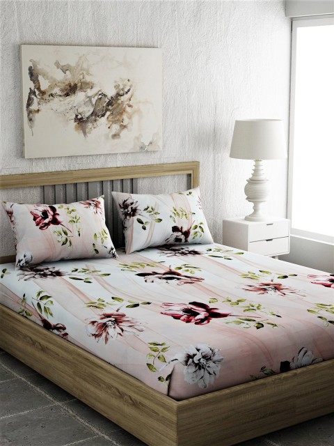 

EverHOME White & Pink Floral 144 TC Cotton 1 Queen Bedsheet with 2 Pillow Covers
