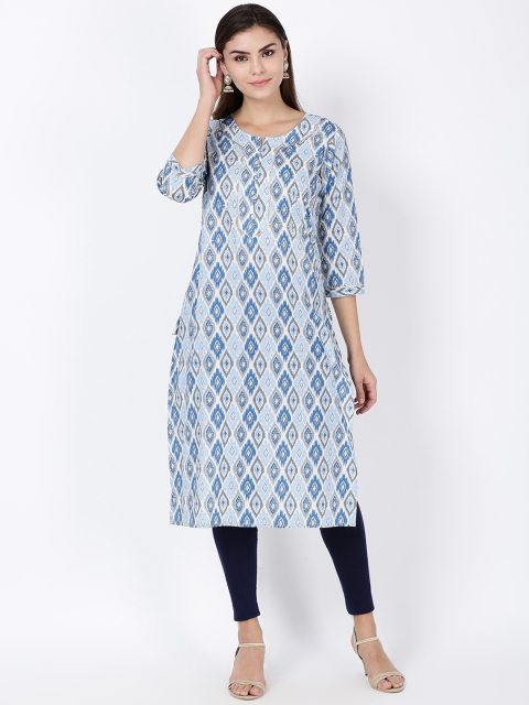 

Soch Women Blue & White Ikkat Printed A-Line Kurta