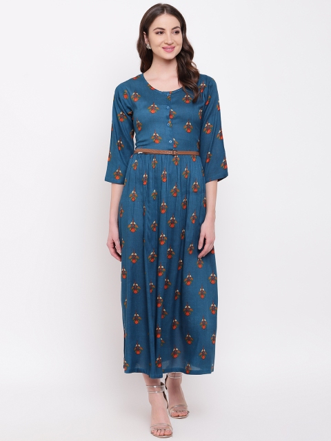 

Mayra Women Teal Green Floral Print Fit and Flare Dress
