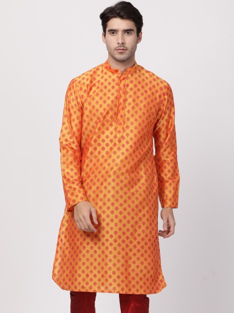 

VASTRAMAY Men Orange & Red Floral Woven Design Straight Kurta