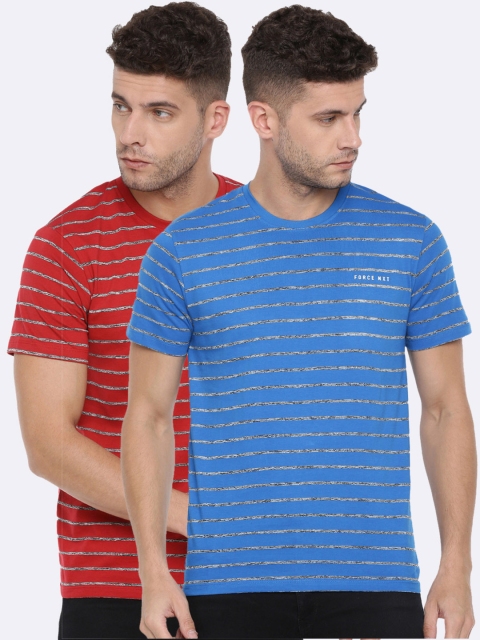 

Force NXT Men Pack of 2 Striped Round Neck T-shirt, Red