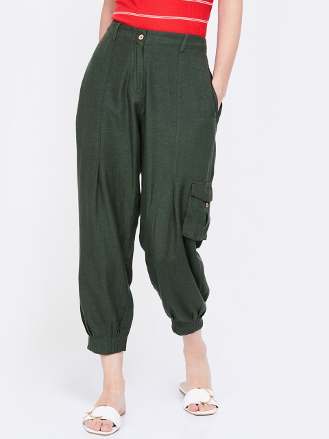 

Ginger by Lifestyle Women Olive Green Regular Fit Solid Peg Trousers