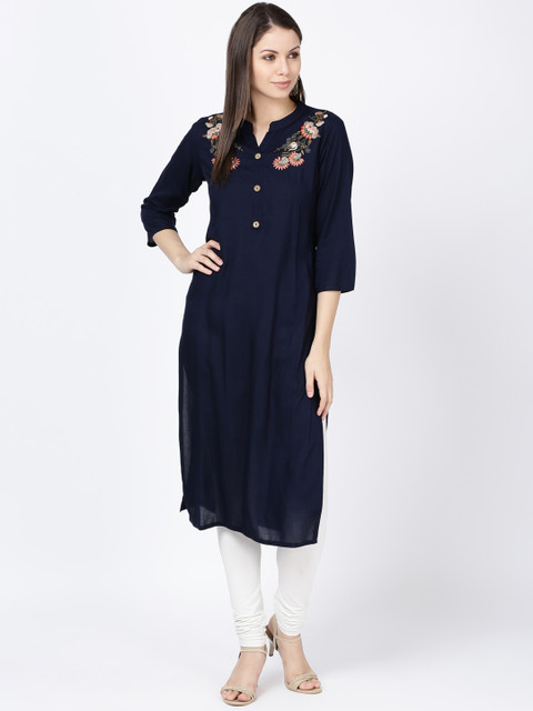 

Soch Women Navy Blue Floral Embroidered Straight Kurta