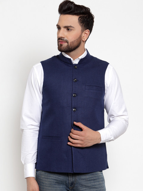 

NEUDIS Men Blue Solid Pure Wool Nehru Jacket