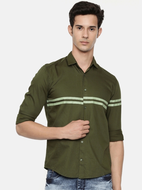 

CINOCCI Men Olive Green Slim Fit Striped Casual Shirt