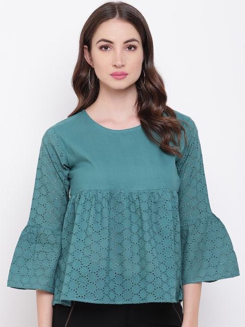 

Mayra Women Teal Green Schiffli Embroidered A-Line Top