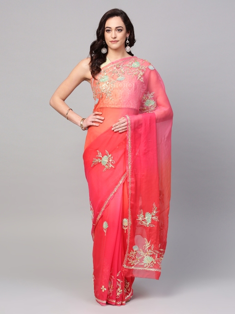 

Mitera Peach Gota Patti Hand Embroidered Pure Chiffon Sustainable Saree
