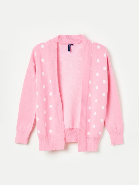

Fame Forever by Lifestyle Girls Pink & White Polka Dot Printed Open Front Shrug
