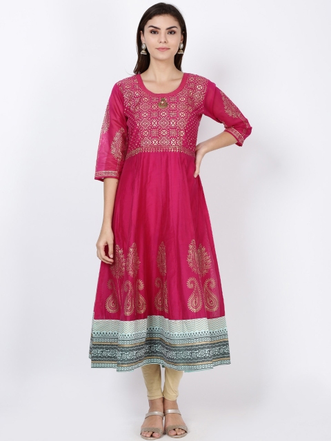 

Soch Women Pink & Gold-Coloured Printed Yoke Design Chanderi Silk Kurta