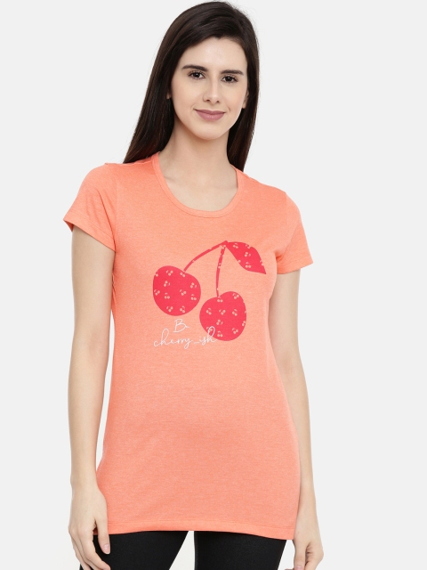 

Bitz Women Peach-Coloured Printed Round Neck T-shirt