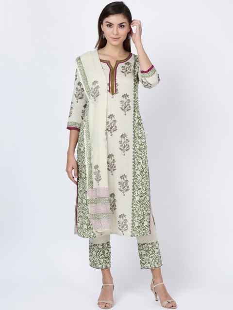 Soch Women Beige & Green Printed Kurta with Trousers & Dupatta