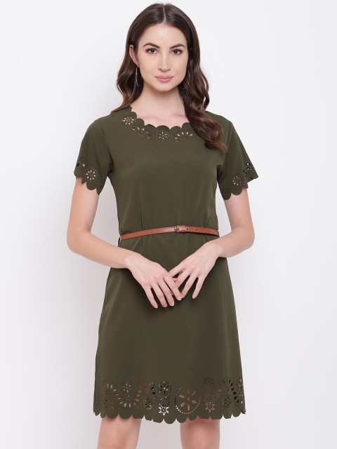 

Mayra Women Olive Green Self Design A-Line Dress