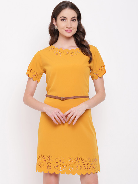 

Mayra Women Yellow Self Design A-Line Dress