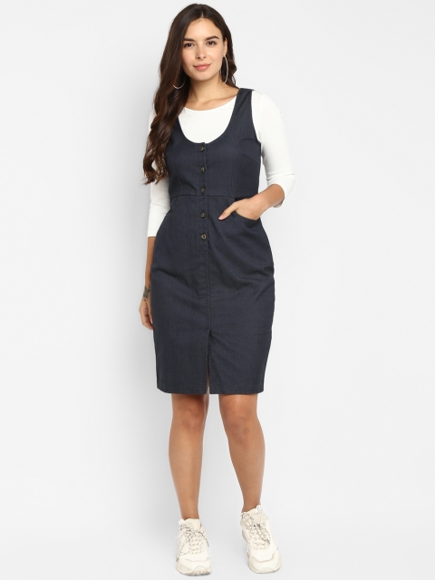 

FOSH Women Charcoal Grey Solid Pinafore Dress with a White Solid T-shirt