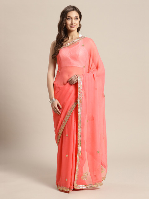 

Mitera Pink & Peach-Coloured Pure Georgette Embroidered Saree