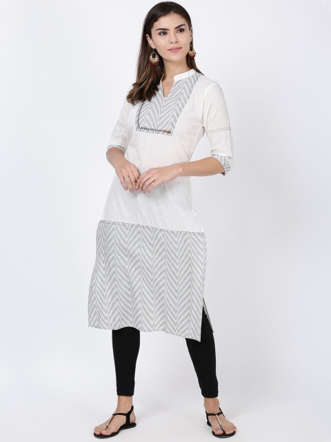 

Soch Women White & Grey Chevron Printed Pure Cotton Straight Kurta