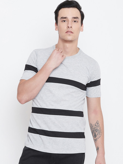

CHROME & CORAL Men Grey Striped Round Neck T-shirt
