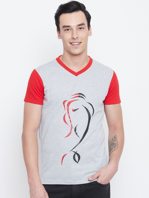 CHROME & CORAL Men Grey Printed V-Neck T-shirt