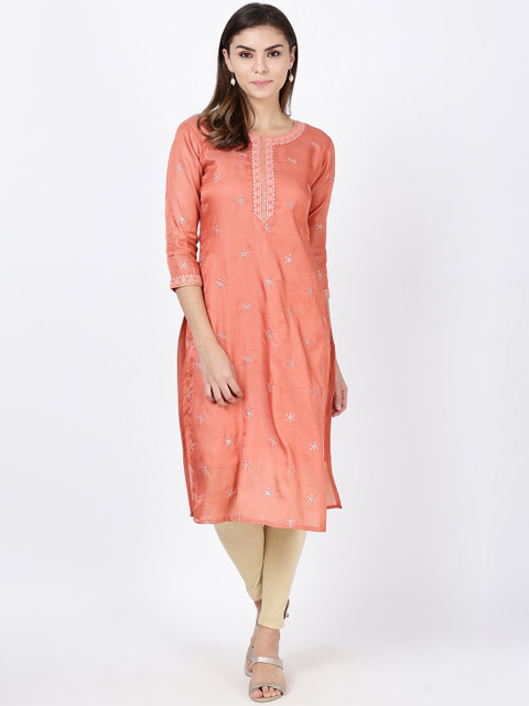 

Soch Women Peach-Coloured Floral Embroidered Straight Kurta